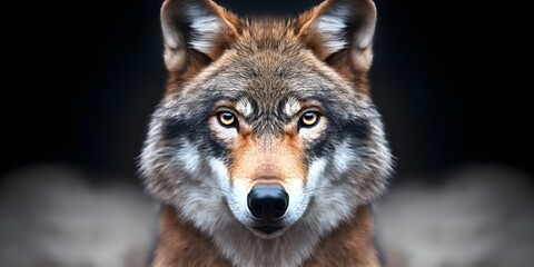 Fototapeta premium A close-up, detailed portrait of a wolf, showcasing its piercing eyes and textured fur against a dark background. Concept Wolf Portrait, Piercing Eyes, Textured Fur, Dark Background, Close-Up Detail