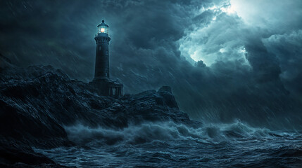 The image depicts a lighthouse standing on rocky cliffs during a stormy night, with dark clouds and choppy waves crashing against the rocks