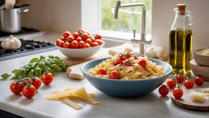 Pasta Primavera: Rustic Kitchen Scene with Cherry Tomatoes and Tagliatelle