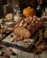 Fototapeta premium Delicious pecan-topped pumpkin bread resting on a rustic wooden board with autumn decorations.
