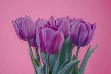 Fototapeta premium Bouquet of purple tulips on a pink background. 
