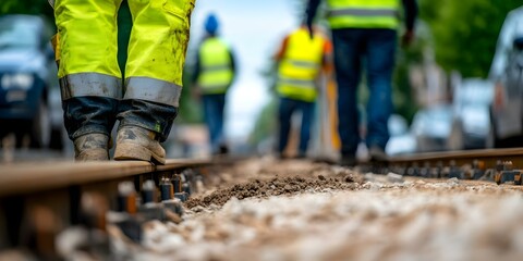 Workers in safety gear walking along a railway track, with construction equipment and vehicles visible in the background. Concept Safety Gear Compliance, Railway Construction Site