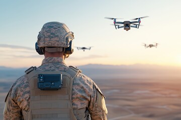 Military Drone Operation: A soldier oversees a drone squadron during a sunset operation. The image conveys a sense of technological advancement, strategic planning.