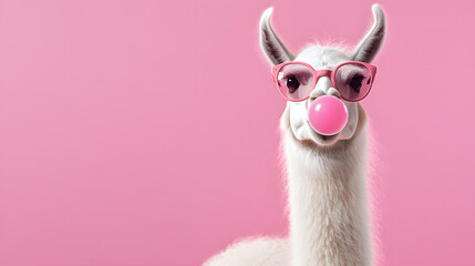 Obraz premium A llama blowing a bubble gum with sunglasses on a playful pink background.