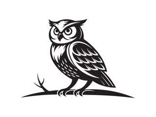 Elegant black and white vector illustration of a wise owl perched on a branch - perfect for educational, nature, and wildlife themes in graphic design and art projects