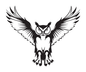 Intricate black and white vector illustration of a fierce owl with outstretched wings, showcasing detailed feathers and a powerful stance, perfect for tattoos, logos, and artistic designs.