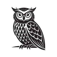 Intricate black and white vector illustration of a wise owl with detailed feather patterns and large eyes, perfect for educational, nature, and wildlife-themed designs and projects