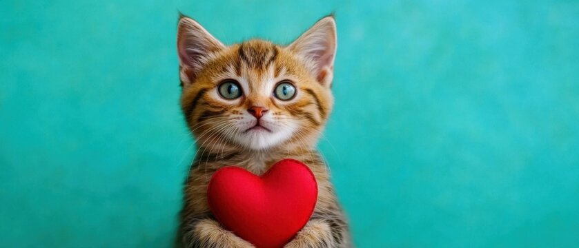 Adorable Kitten Holding Red Heart, Valentines Day Pet Photo