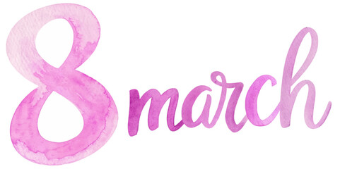 Pink watercolor design, March 8, International Women's Day, elegant typography, celebration of women, artistic style.