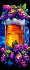 Fototapeta premium A colorful beer mug with purple flowers on top. The mug is filled with beer, and it looks like a fun and festive drink to enjoy. The flowers and the beer create a playful and cheerful atmosphere