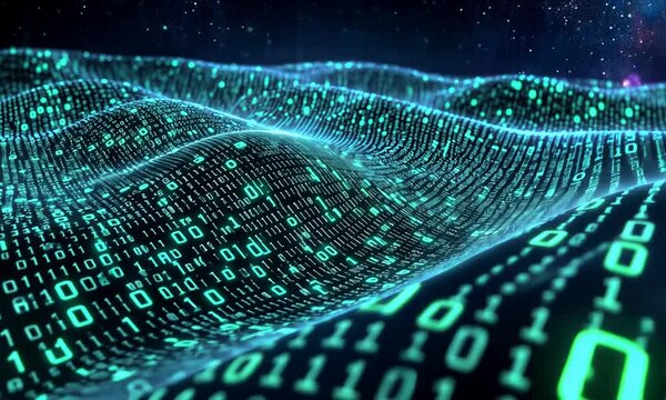 Digital data wave; binary code; glowing; tech background; website