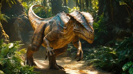 Obraz premium A realistic dinosaur in a lush, prehistoric jungle setting.