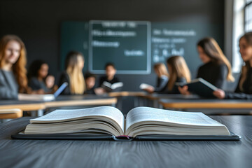 Open book in focus, blurred students in classroom studying. Education, learning, knowledge concept.