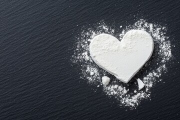 Obraz premium Heart-Shaped Baking Powder on Dark Slate Surface - Symbolizing Love, Creativity, and Culinary Art in Modern Food Photography