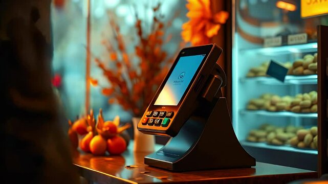 Card reader on counter in a shop with person, food and flowers.