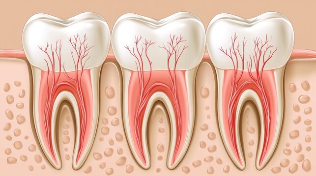 Cross-sectional illustration of healthy human tooth anatomy and nerve structure