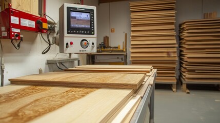 Modern Woodworking Workshop Featuring Advanced CNC Machine for Precision Cutting and Stacked Wood Panels