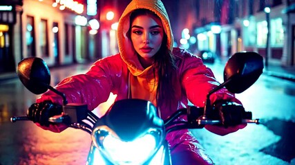 Yong beautiful woman wearing a pink coat with a hoodie rides a bike on the rainy streets of a city 