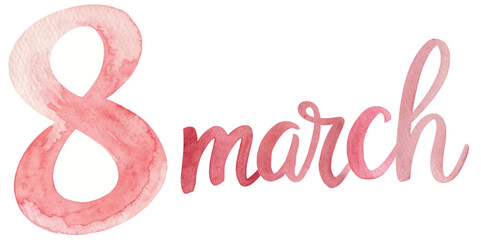 Watercolor design, March 8, International Women's Day, pink tones, elegant typography, celebration theme.