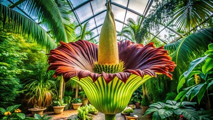 Fototapeta premium Rare Bloom of Titan Arum: Stunning Double Exposure Photography of the World's Largest Flower in Full Flowering Stage with Rich Colors and Intricate Details