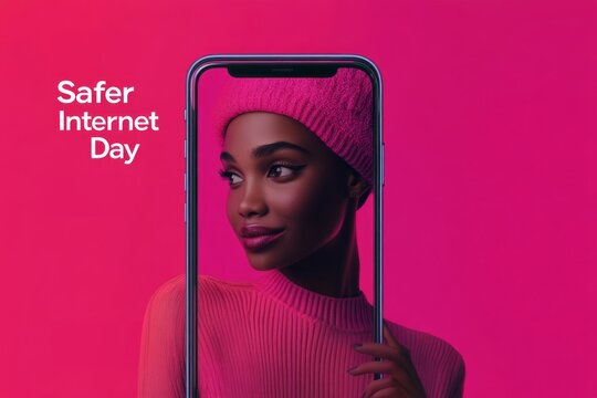 Safer Internet Day Concept: Confident Woman Embracing Digital Safety with Smartphone Highlighting Technology and Awareness - Powered by Adobe