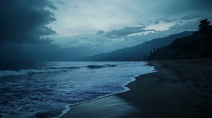 A beach with a cloudy sky in the background