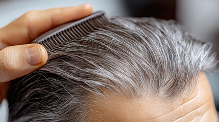 Obraz premium Mature caucasian man brushing gray hair close-up