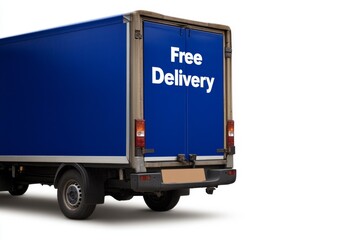 Blue Delivery Truck with "Free Delivery" Text on Rear Door - Stock Photo for Business and Logistics
