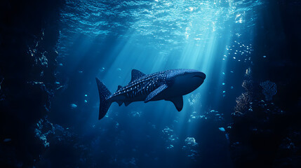 Obraz premium A magnificent giant whale shark, the largest fish on the planet, swims in the blue water column