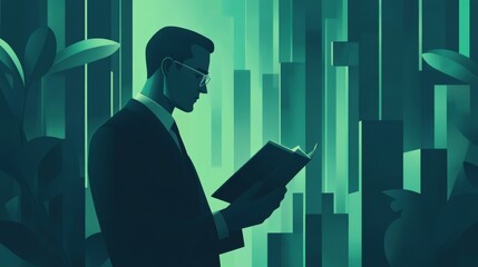 Fototapeta premium A man in a suit is reading a book in a green background