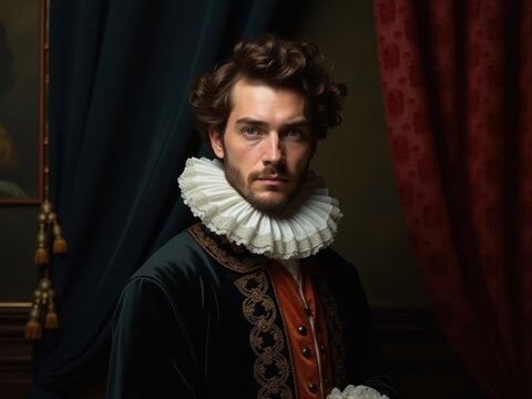 Nobleman in 17th-century attire poses with elaborate ruff collar and rich fabrics in a dimly lit interior