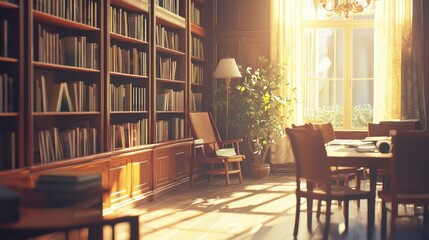 Sunlit Library Interior: A Haven of Books and Tranquility