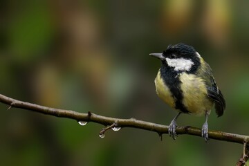Great tit perched on a branch with water droplets.