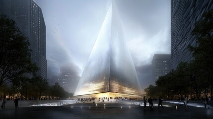 Fototapeta premium Modern triangular building in city, people gather at plaza.