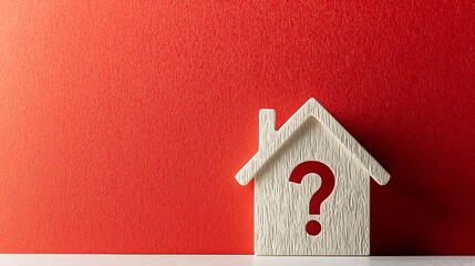 A wooden house icon with a question mark on a red background.