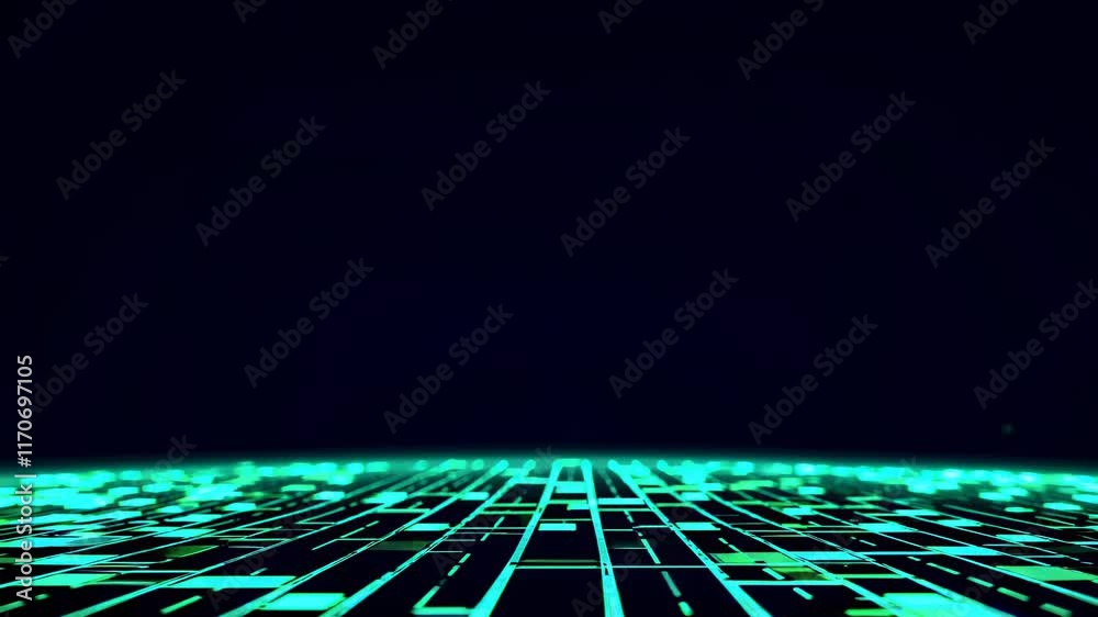 Poster exploring vibrant digital landscapes with flowing green patterns and glowing grids at night