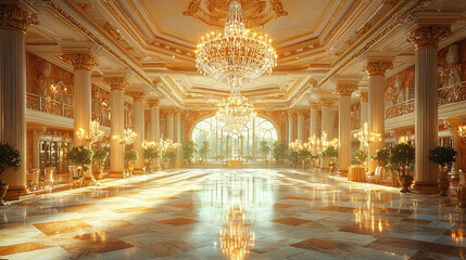 Fototapeta premium Opulent palace ballroom interior with chandeliers, gold accents, and marble floor.