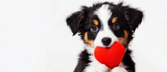 Obraz premium Adorable Puppy Holding Red Heart, Valentines Day Dog, Pet Love
