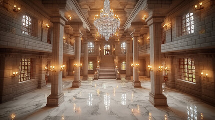 Obraz premium Grand palace ballroom interior with marble floor, chandelier, and staircase.
