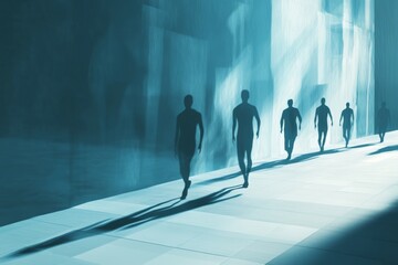 Group of people are walking down a hallway in a building