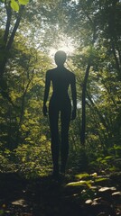 Mysterious Silhouette of a Person Standing in a Sunlit Forest