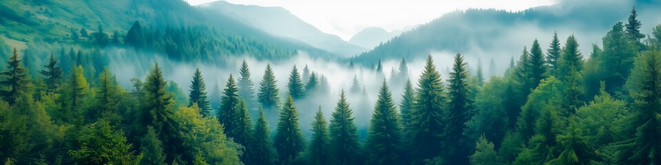 Fototapeta premium Serene mountain landscape shrouded in a mystical fog, hiking tourism advertising, adventure tour advertisement