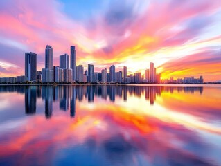 Obraz premium Stunning City Skyline at Sunset with Reflections in Calm Waters, Featuring Vibrant Colors and Towering Buildings Against a Serene Backdrop