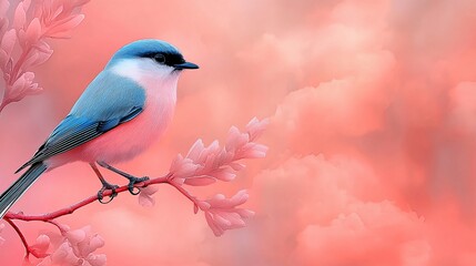 Pastel blue and pink bird perched on a flowering branch against a soft pink background.