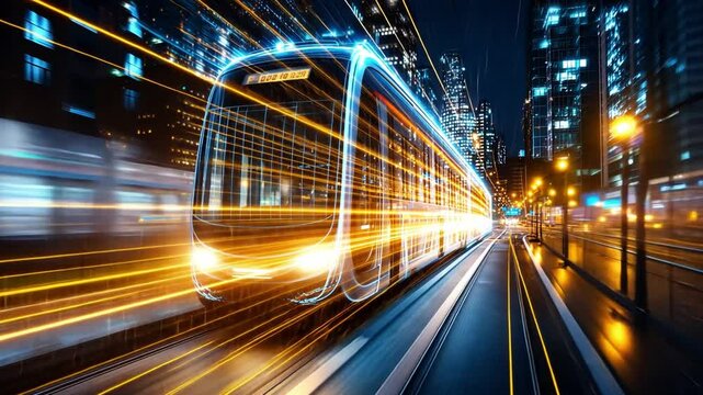 Futuristic train gliding through a vibrant city at night with glowing lights and modern architecture