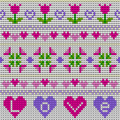 Pink heart and flower knitting pattern for Valentine's Day. White background seamless sweater texture