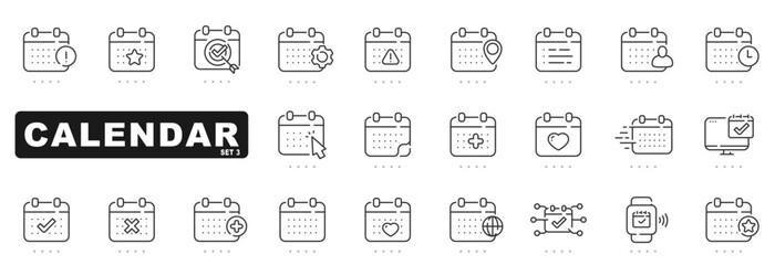 Set of calendar related line icons. Date, event, day etc. Editable stroke. Set 3