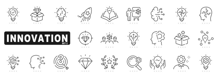 Set of innovation related line icons. Creativity, idea, invention etc. Editable stroke. Set 2