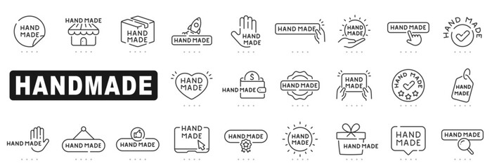 Set of hand-made related line icons. Stamp, badge, handcraft etc. Editable stroke