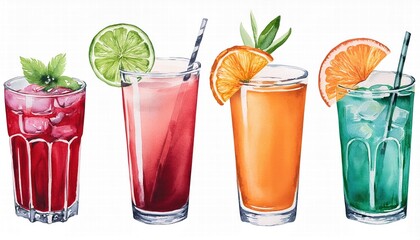 Vibrant Watercolor Cocktail Drinks Set on White Background A Daily Routine of Refreshing Beverages Perfect for Summer Gatherings, Parties, and Relaxing Moments with Friends and Family.